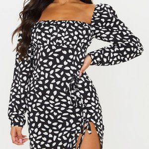 Black Dalmatian Print Bow Detail Side Split Bodycon Dress
